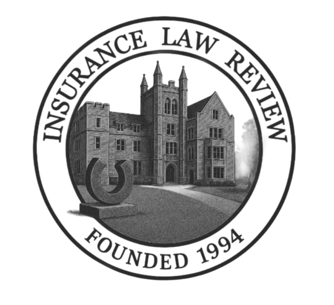 Circular seal of the Insurance Law Review with the words ‘Insurance Law Review’ at the top and ‘Founded 1994’ at the bottom, surrounding an illustration of a large stone academic building and a horseshoe sculpture in the foreground.
